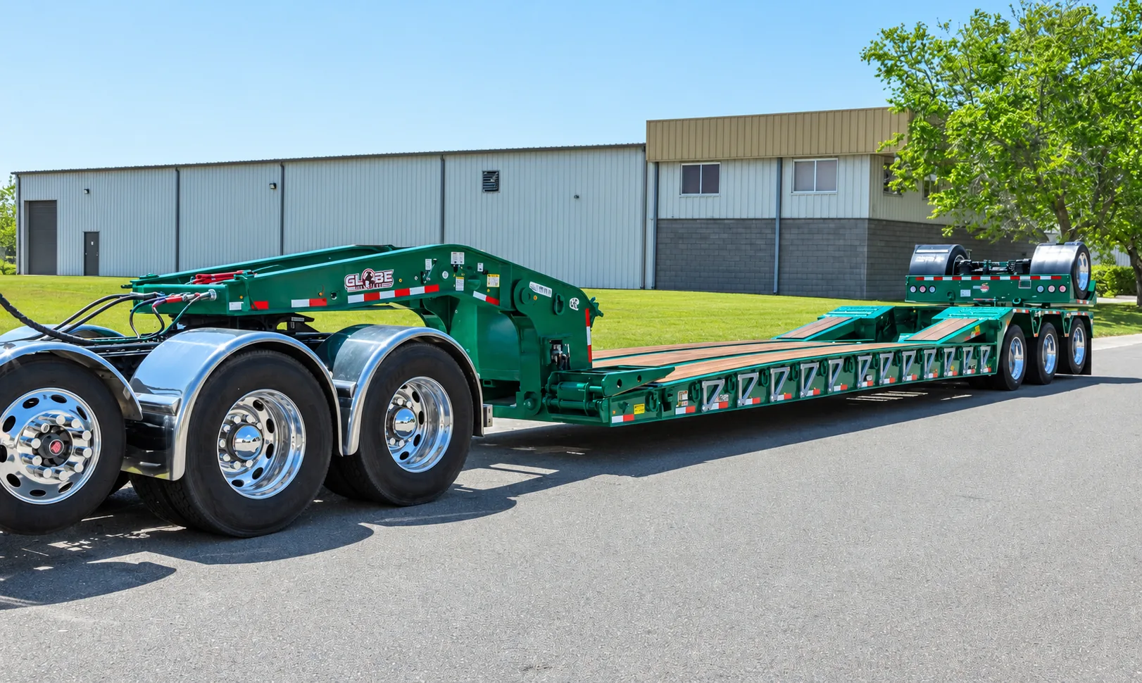 Green Globe lowboy trailer side profile with detachable gooseneck and rear axle group