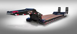 Black two axle lowboy trailer with rear ramps