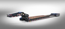Black extendable removable gooseneck trailer stretched out with hydraulic flip axle down